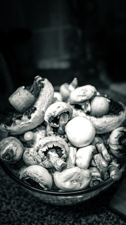 Mushrooms in a bowl. Selective focus. Toned.の写真素材