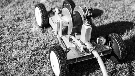 Black and white image of a toy lawnmower on the grassの写真素材