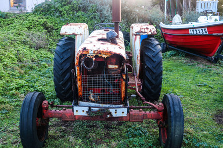 Old rusty red tractor on a green meadow in the village.