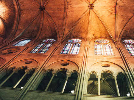 Interior of the Notre Dame in Paris. France. Europe with church windows and modern optics