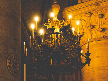 Interior of the Notre Dame in Paris. France. Europe with church windows and modern opticsのeditorial素材