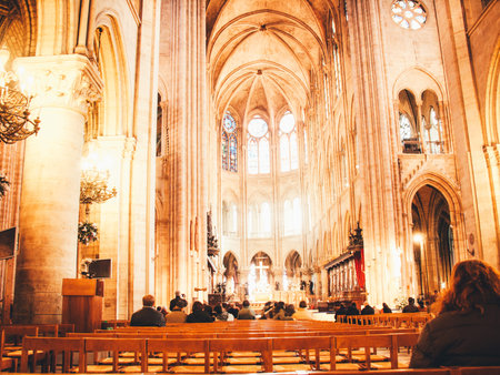 Interior of the Notre Dame in Paris. France. Europe with church windows and modern opticsのeditorial素材