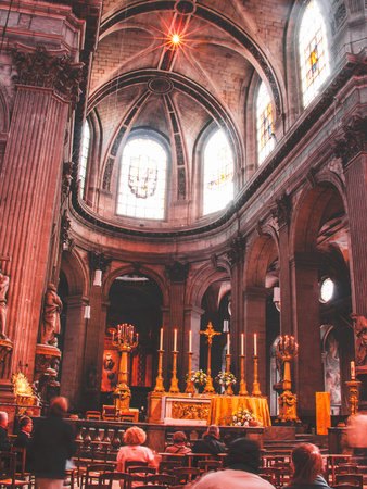 Interior of the Notre Dame in Paris. France. Europe with church windows and modern optics