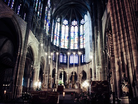 Interior of the Notre Dame in Paris. France. Europe with church windows and modern opticsのeditorial素材
