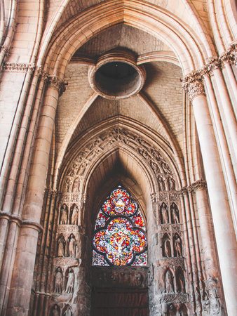 Interior of the Notre Dame in Paris. France. Europe with church windows and modern opticsのeditorial素材
