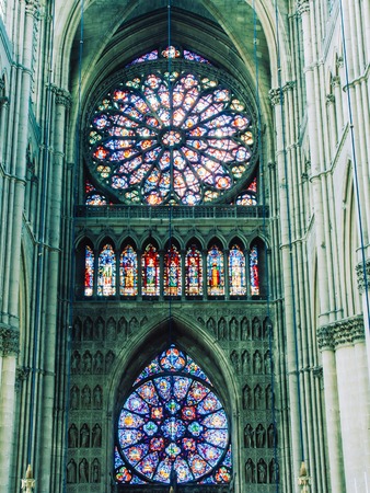Interior of the Notre Dame in Paris. France. Europe with church windows and modern opticsのeditorial素材