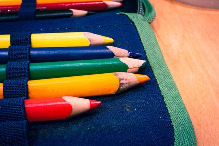 Colored pencils in a pencil caseの写真素材