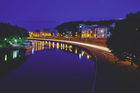 City with the Landtag of the Saarland Autobahn at night with the Saar in SaarbrÃ¼cken Saarland...