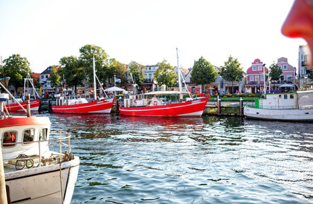 Harbor in Warnemuende on the Baltic Sea in Mecklenburg-Western Pomerania Germany Europe at night...