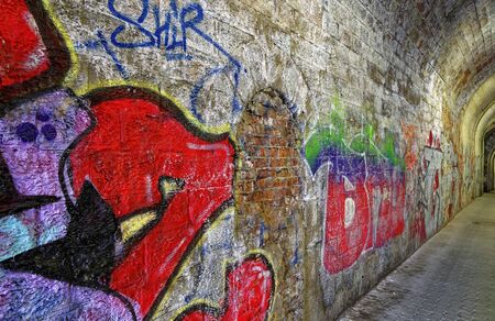Station tunnel Luetzelbachtunnel in the station district Saarbrucken Saarbrooklyn with graffiti photographed on 2015-03-15のeditorial素材