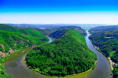 Saarschleife of the Saar near Orscholz with a view of the entire Saarbiegung in Saar-Lor-Lux Saarland Germany Europeのeditorial素材