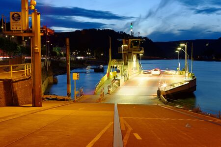 St. Goarshausen on Rhine at St. Goar Rhineland-Palatinate Germany Europe with ferry photographed on 2019-08-16の写真素材