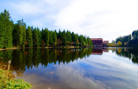 Mummelsee in the Black Forest near Achern in Baden-Wurttemberg Germany Europe with water and forest on the shore taken on 2017.09.29のeditorial素材
