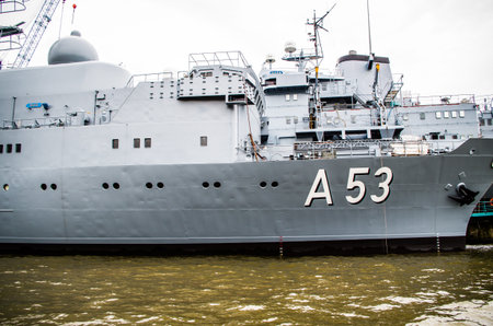 Hamburg harbor and jetties with German warships A53 Oker and A1443 RhÃ¶n and photographed in...