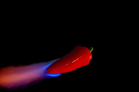 A red chili pepper shoots flames. Lighting from the right hand side.の写真素材
