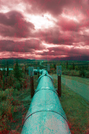 A dystopian pipeline running through a dark landscape.の写真素材