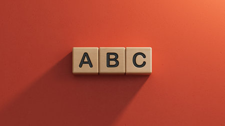 ABC letters wooden blocks on red background. Education concept.3D rendering on white background.の素材 [FY310213132041]