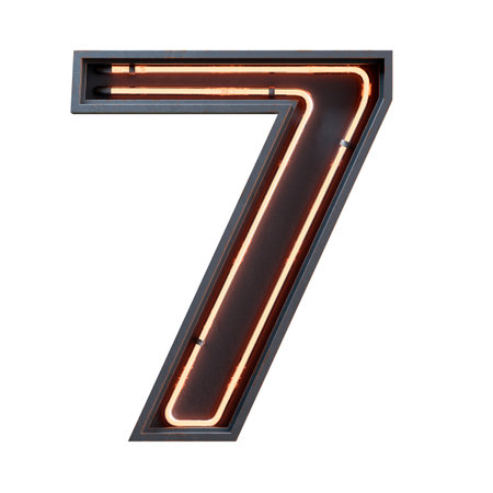 3D illustration of orange Neon light digit number character 7 font. Neon tube number orange glow effect in black metal box.3d rendering isolated on white background.の写真素材