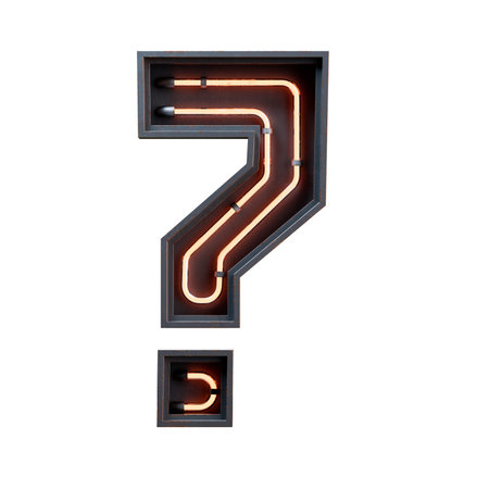 3D illustration of orange Neon light sign font ? . Neon tube sign font orange glow effect in black...