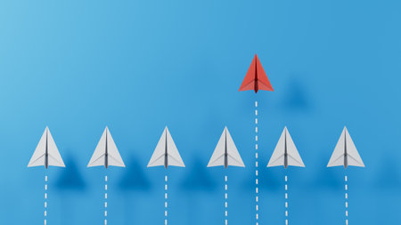 Small business, Small and Medium Enterprise concept with small red paper airplane.3D rendering on blue background.の写真素材