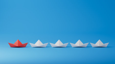 Different business concept.new ideas. paper art style. Leadership concept with red paper ship leading among white boats.3D rendering on blue background.の写真素材