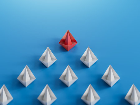 Different business concept.new ideas.paper art style.Leadership concept with red paper ship leading among white boats.3D rendering on blue background.の写真素材
