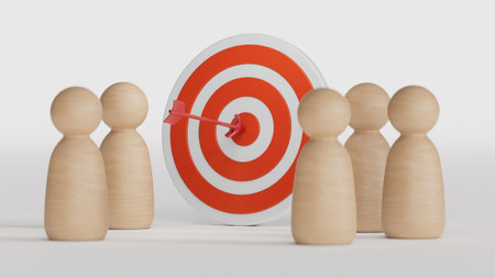 Wooden miniature figures standing with dartboard and arrow for setup business objective target and goal concept. 3D rendering on white background.の写真素材