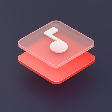 Music note on red button, 3d render isolated on gray backgroundの写真素材