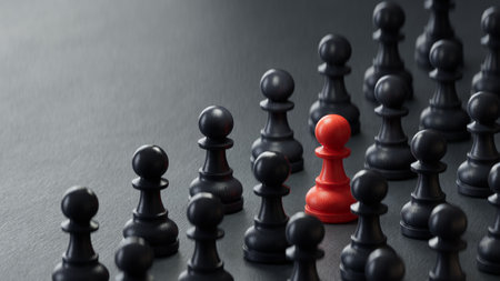 Leadership concept. Red pawn among black chess pieces on black backgroundの写真素材