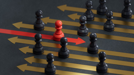 Conceptual image of business competition. Red leader among black pawnsの写真素材