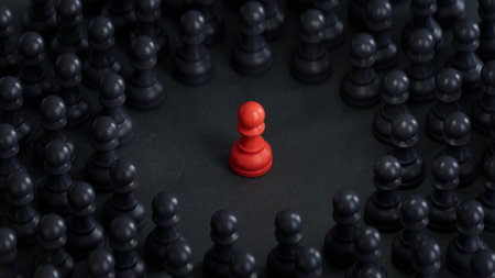 Leadership concept. Red pawn among black chess pieces. 3D illustrationの写真素材