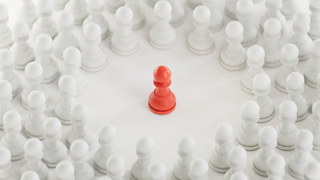 Red pawn stands out from the crowd of white chess pieces. The concept of leadership.の写真素材