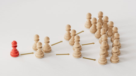 Leadership concept with wooden chess pieces on white background. 3d illustration