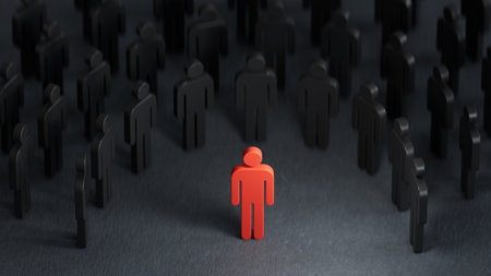 3d rendering of a red person standing out from a crowd of black people