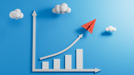 Business graph with red paper plane and clouds on blue background. 3D rendering