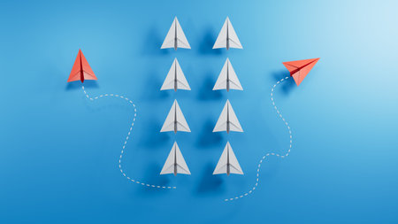 Leadership concept with paper airplanes on blue background. 3D rendering