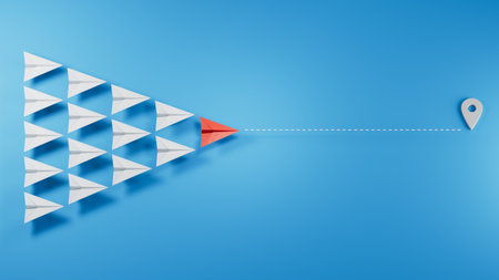 Leadership concept with red paper plane on blue background, 3D renderingの写真素材