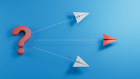 Leadership concept with red paper plane and question mark on blue backgroundの写真素材