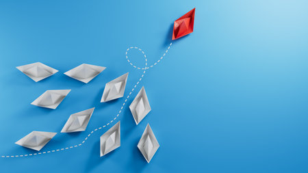 Leaderboat and paper boats.new ideas. paper art style. creative idea.3D rendering on blue background.の写真素材