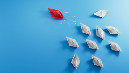 Leaderboat of Red paper ship concept between white paper ship. Key man and Business successful with one direction together. Black texture illustration background 3D.の写真素材