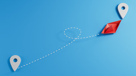 Flying origami paper boat and geolocation mark set. Dash line loop track. Placemark template. Tourist service. Holidays and vacations. On-line tracking. Flat design.3D rendering on blue background.の写真素材