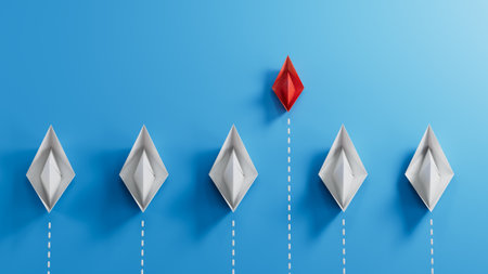 Small business, Small and Medium Enterprise concept with small red paper boat.new ideas. paper art style. creative idea.3D rendering on blue background.の写真素材
