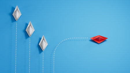Red paper boat out of line with white paper to change disrupt and finding new normal way on blue background. Lift and business creativity new idea to discovery innovation technology.の写真素材