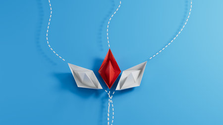 Paper boats on a green background with paths of movement, representing the concept of individuality. Top view.3D rendering on blue background.の写真素材