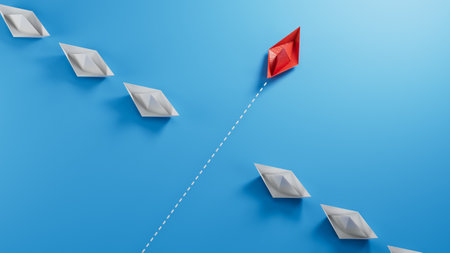 Paper boats with one red individual going in different directions.new ideas. paper art style. creative idea.3D rendering on blue background.の写真素材