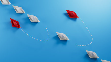 Red paper boat out of line with white paper to change disrupt and finding new normal way on blue background. Lift and business creativity new idea to discovery innovation technology.の写真素材