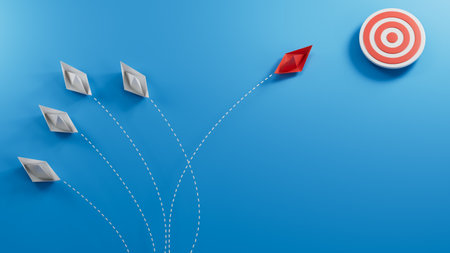 Red paper boat change direction from group hitting to target on blue background. Design for business creativity new idea to discovering new business options, Individual and unique leader. paper art.の写真素材