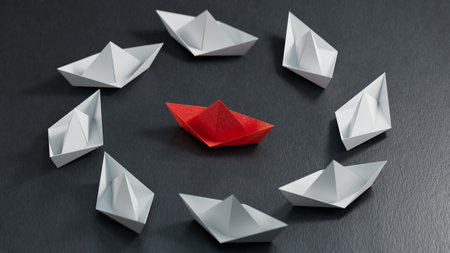 Different business concept.new ideas. paper art style. creative idea.3d illustration paper ship and leadership concept.3D rendering on black background.の写真素材