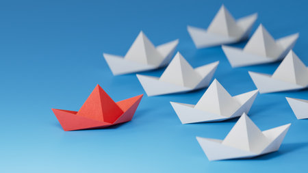 Different business concept.new ideas. paper art style. creative idea.Leadership concept, blue leader boat leading white boats.3D rendering on blue background.の写真素材