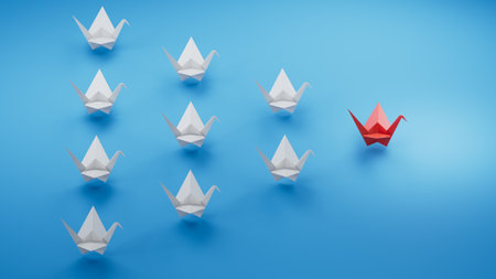 Different business concept.new ideas. paper art style. creative idea.red leader swan, standing out from the crowd of white swans.3D rendering on blue background.の写真素材